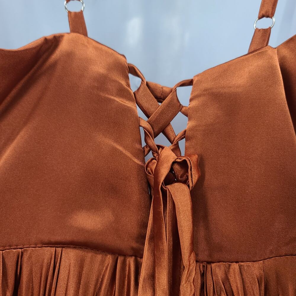 Satin Pleated Formal Dress V-Neck Maxi Dress SZ 16 Copper Bridesmaid Prom Party - Picture 6 of 15